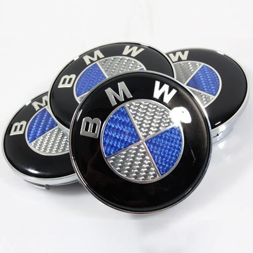 BMW Kolfiber DESIGN Centrumkåpor blå vit 68mm